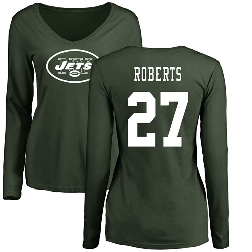 New York Jets Green Women Darryl Roberts Name and Number Logo NFL Football #27 Long Sleeve T Shirt->nfl t-shirts->Sports Accessory